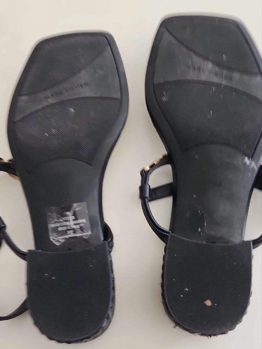 Marc Fisher Black Leather T-Strap Sandals with Hammered Gold Discs